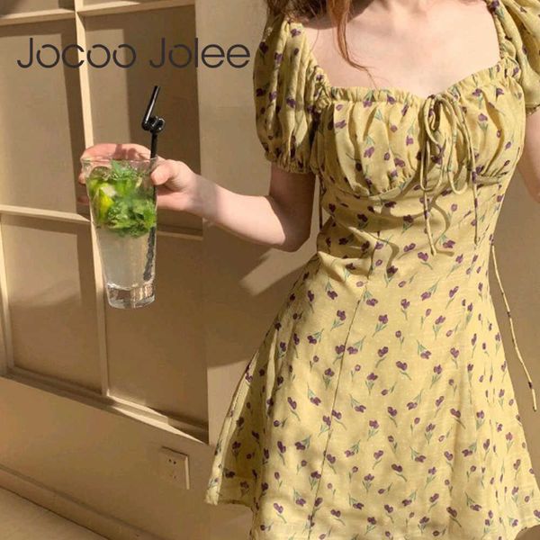 

jocoo jolee vintage floral print yellow dress summer high waist short sleeve slim women dresses cotton mini holiday outwear 210619, Black;gray