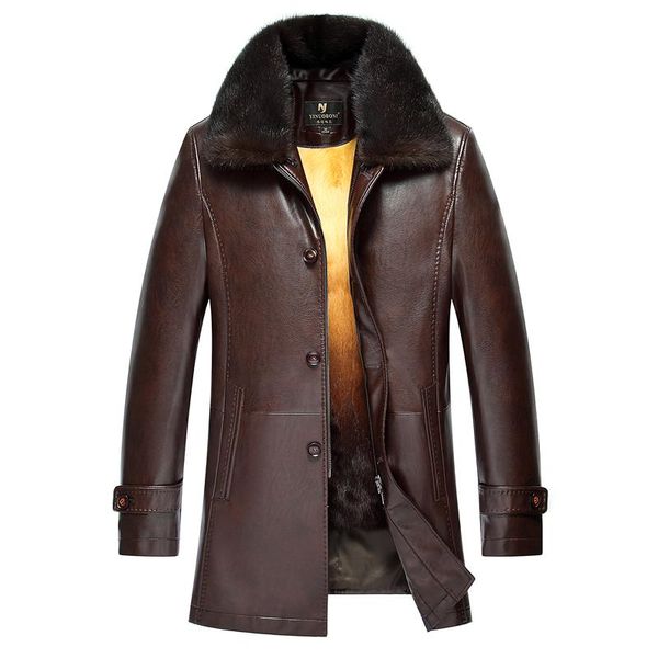 

men's leather & faux winter warm jacket whole fur inside and collar chaqueta moto hombre casual coats men, m-xxxxl, Black