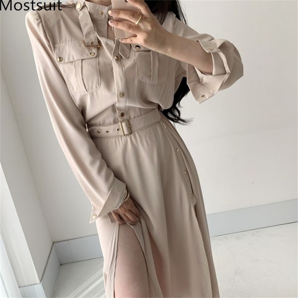 

autumn korean stylish belted long shirt dress women sleeve stand collar pockets splitting dresses vestidos femme 210513, Black;gray