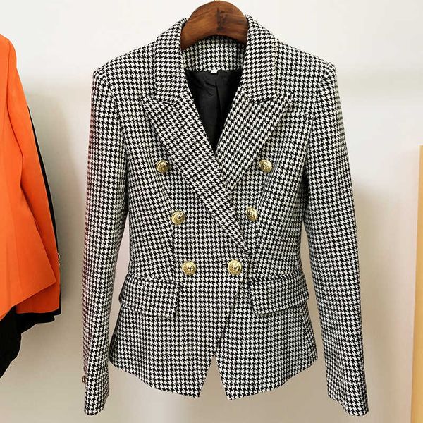 

high street est designer jacket women's lion buttons double breasted tweed houndstooth blazer 210930, White;black