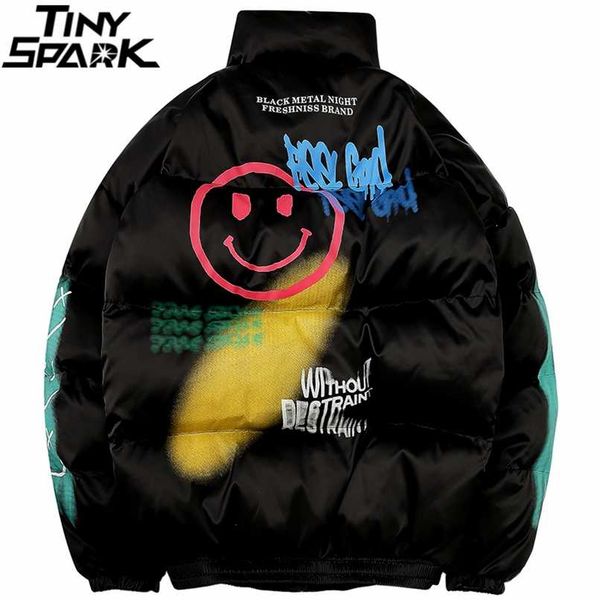 

hip hop jacket parka happy graffiti print men windbreaker streetwear harajuku winter padded jacket coat warm outwear thick 211206, Black