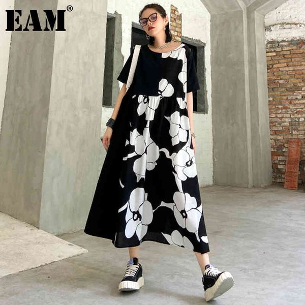 

[eam] women black print big size long dress round neck short sleeve loose fit fashion spring summer 1dd6757 21512, Black;gray