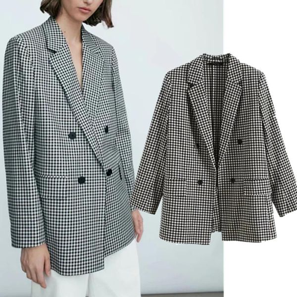 

women's suits & blazers withered england style vintage plaid oversize double breasted loose blazer women mujer 2021 and jackets top, White;black