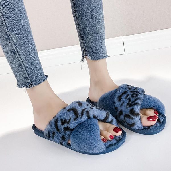 

slippers winter women home with faux fur fashion warm shoes woman slip on flats female slides house leopard slipper plus size 41, Black