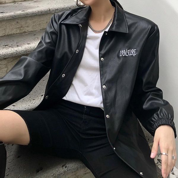 

women's jackets women button down long sleeve letter embroidery faux leather loose trucker coat mid-length breasted jacket, Black;brown