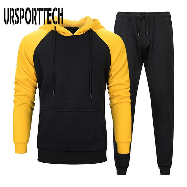 

ursporttech 2 pieces sets tracksuit men hooded sweatshirt+pants pullover hoodie sportwear suit casual men clothing plus size xxl 210528, Gray