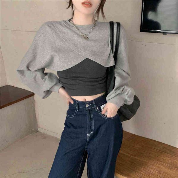 

women's hoodies & sweatshirts korean style real women's shooting spreader niche design short of long sleeves sweater+ base vest tw, Black