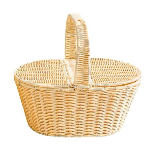 

storage baskets picnic basket woven rattan with lid camping bread fruit food box