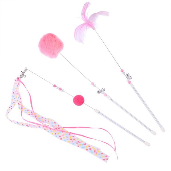 

cat toys 1 set of 3pcs interactive pet cats toy teaser stick ribbon feather