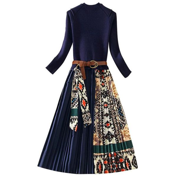

casual dresses 2021 autumn winter women wild pleated dress knitted sweaters long splice college style sleeve a-line vestidos a3005, Black;gray