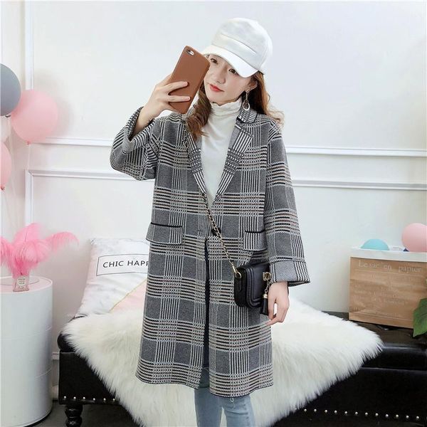 

women's sweaters autumn winter plaid knit cardigan coat 2021 women korean cozy warm slim long sweater houndstooth gray top, White;black