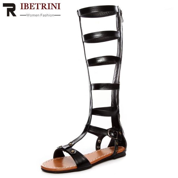 

sandals ribetrini summer trendy rome flat shoes women elegant knee high gladiator casual low heel1, Black