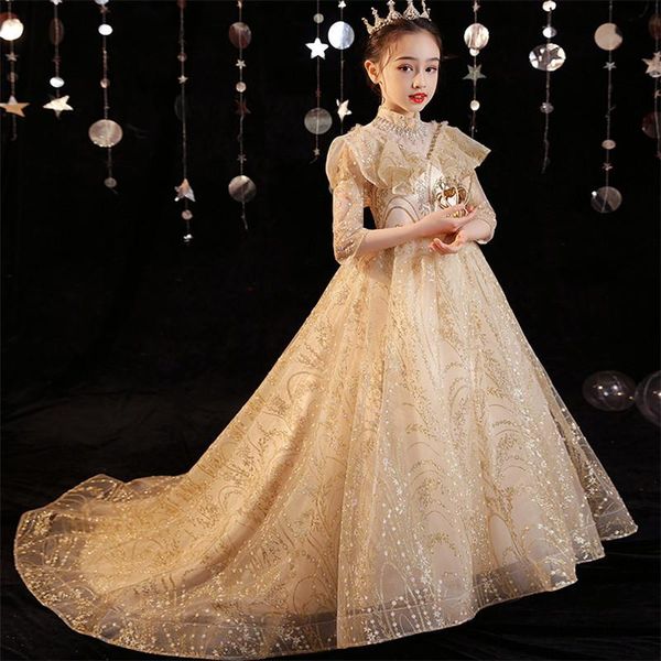 

spring summer luxury champagne model show catwalk performance host long tail dress children girl fashion evening party girl's dresses, Red;yellow
