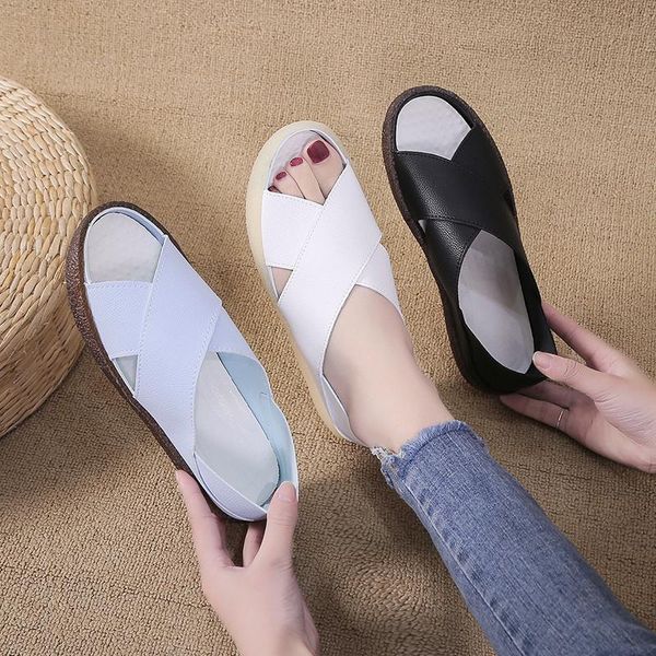 

summer women sandals soft bottom mother peep toe fashion ladies leather flat beach female shoes, Black