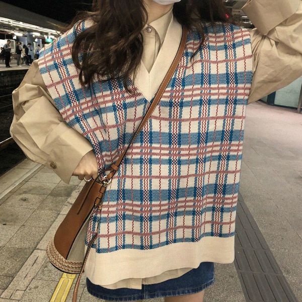 

women's vests women korean style female fashion plaid student loose spring outwear knitting jumper sleeveless lovely tank daily chic l3, Black;white