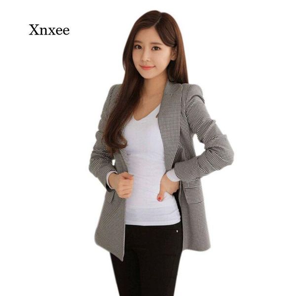 

women's suits & blazers spring and autumn ladies one-piece plaid suit jacket long-sleeved casual plus size, White;black