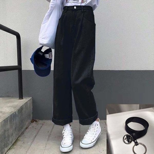 

black loose vintage women jeans high waist wide leg students casual femme pants vaqueros mujer, Blue