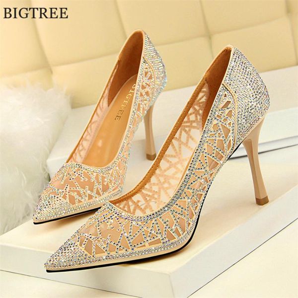 

dress shoes shiny crystal stiletto women's plus size 34-43 fashion party high-heeled shallow women pumps mesh hollow wedding shoe, Black