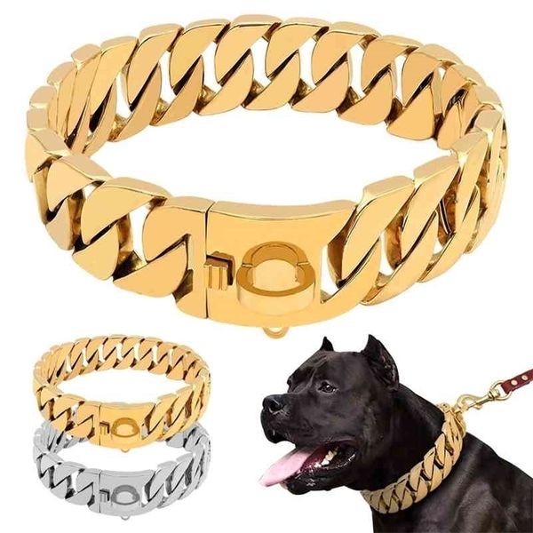 Colares de Cão de Metal Forte Colares de Aço Inoxidável Treinamento de Pet Colar para Cães Grandes Pitbull Bulldog Silver Gold Show Collar 210712