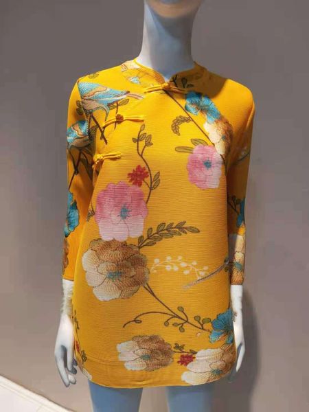 

knits miyake three quarter o-neck chinese style printing fold t-shirt, White