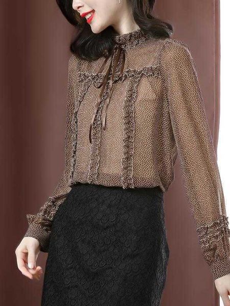 

women's blouses & shirts korean fall spring vintage womens ruffled lantern long sleeve polka dot chiffon blouse , autumn woman 3x k63g, White