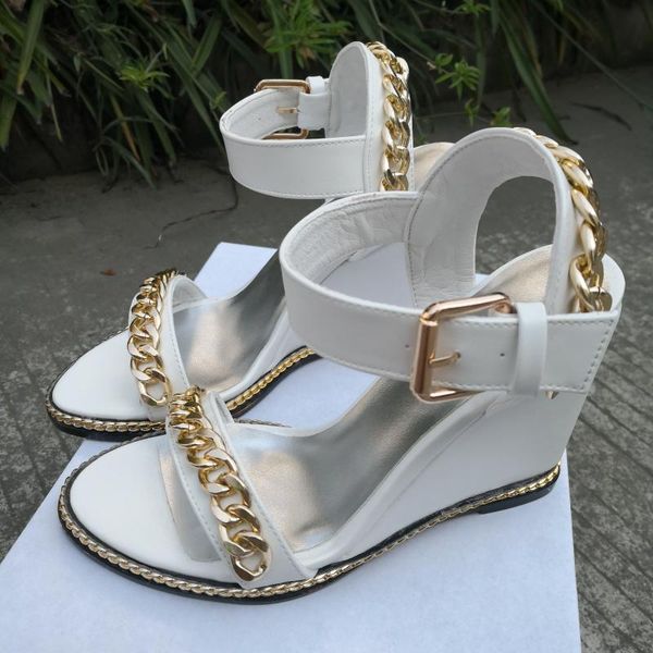 

summer gladiator gold metal chains sandals women wedges heels peep toe ankle strap buckle high heel shoes, Black