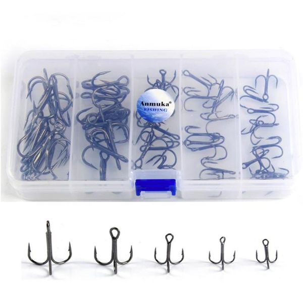 

fishing hooks 50pcs/lot treble hook in storage box sharpened size1 3 5 7 2/0 barbed fishhook three-pronged