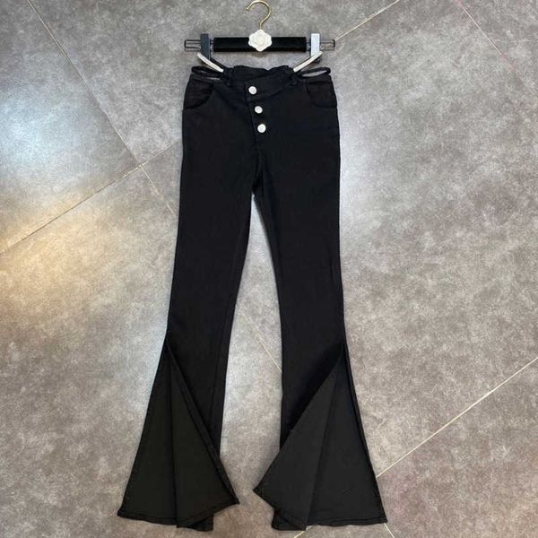 

fabpop summer design double high waist diamonds chain buttons black long flare pants streetwear women gb276 210709, Black;white