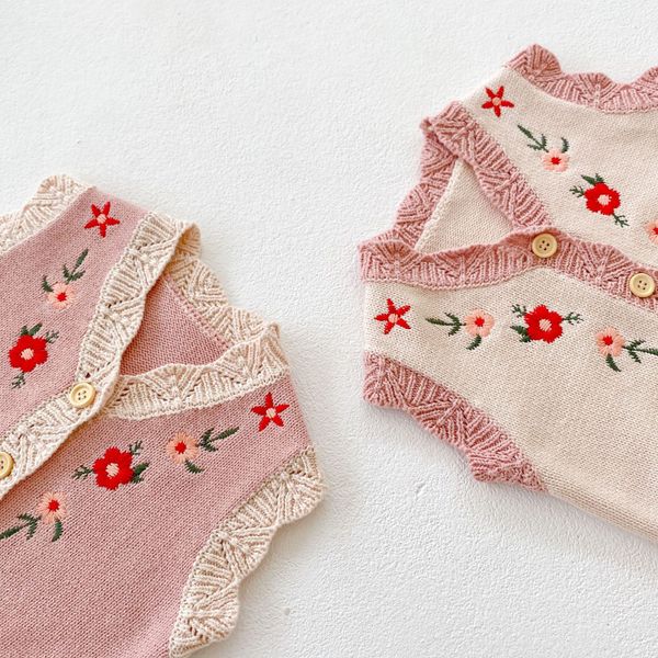 

2021 lovely baby kids clothing sweater vest v-neck knitted embroidery flower cardigan 100% cotton boutique girl spring fall sweaters, Blue