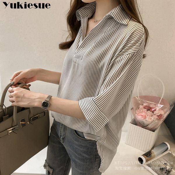 

fashion woman blouses summer striped v-neck women's shirt blouse for women blusas womens and blouses chiffon shirts 210519, White