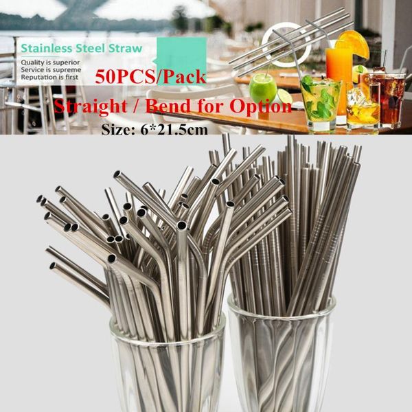 

drinking straws 50pcs/lot reusable stainless steel straight bending with cleaner brush metal straw bar party accessory