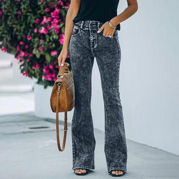 

women's jeans women fashion autumn distressed retro demin pants casual high waist wide leg trousers elegant ladies slim streetwear #4, Blue