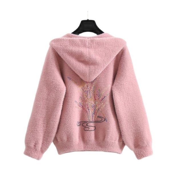 

women's wool & blends imitate mink fleece jacket autumn winter 2021 loose add thick embroidery all-match female cardigan sweater coats, Black