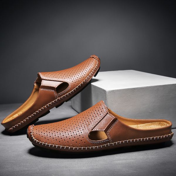 

men summer fashion cow split casual mules male breathable half loafer slippers mocassins comfy soft flat slip-on leather sandals, Black