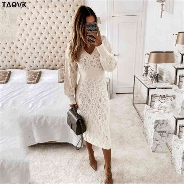 

taovk womens solid color costume knitted v-neck hollow lantern sleeve knit dress, Black;gray