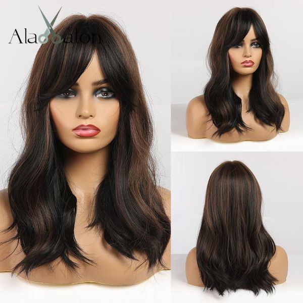 

eaton mixed black brown synthetic wigs with bangs medium wavy cosplay daily for women afro heat resistant fiber1