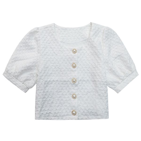 

women blue white solid shirt o neck short sleeve spring summer puff lace blouse button b0644 210514