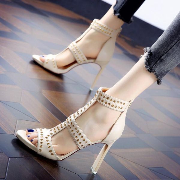 

dress shoes 2021 european and american open-toe rivet catwalk sandals summer waterproof platform thick heel zipper ultra high heels, Black
