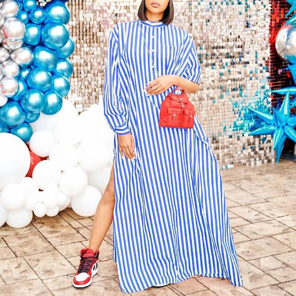

casual dresses summer women dress round neck single-breasted irregular long and short sleeves striped maxi slit, Black;gray