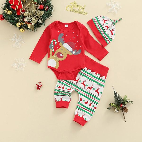 

clothing sets baby boys girls christmas clothes set deer print long sleeve romper round neck snowflake trousers pointed hat, White