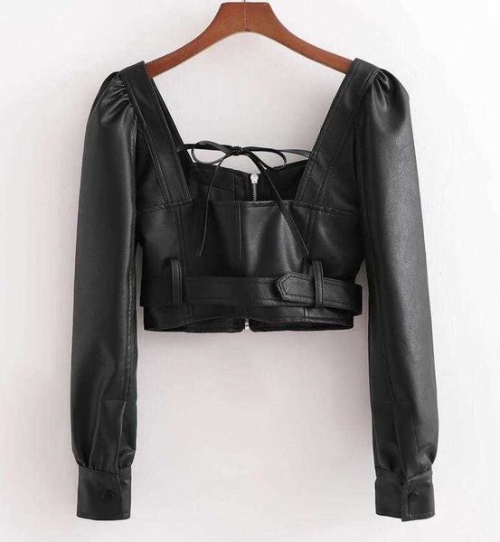 

women's blouses & shirts spring streetwear square neck pu cropped shirt women long puff sleeve slim high waist short fau 8u0j, White