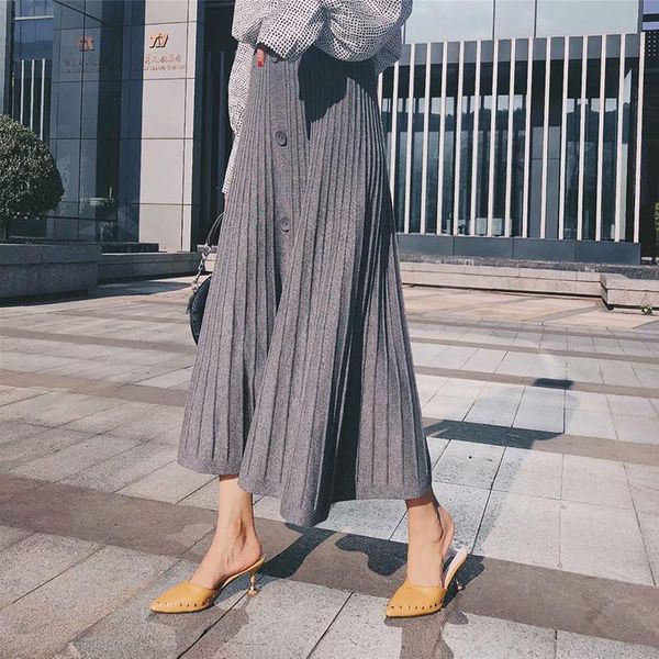 

skirts winter women knitted half-length skirt button large size pleated 2021 empire work office lady, Black