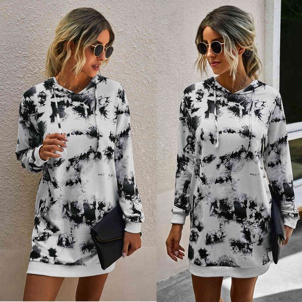 

fashion hooded drawstring women mini dresses autumn printed long sleeve loose sweatshirt dress casual female basic long outwear 210507, Black;gray