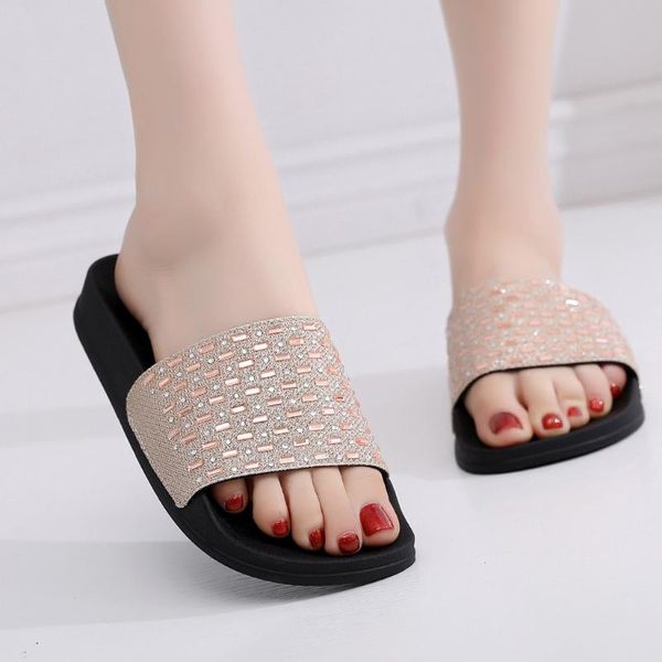 

slippers shiny strppy slip on casual rubber summer women's sequins flat soft non-slip rhinestone sandals beach shoe, Black