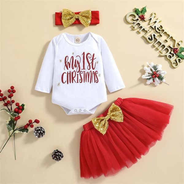 

clothing sets baby girls three-piece set letters printed pattern romper + red yarn skirt and headdress christmas clothes for 0-24 months, White
