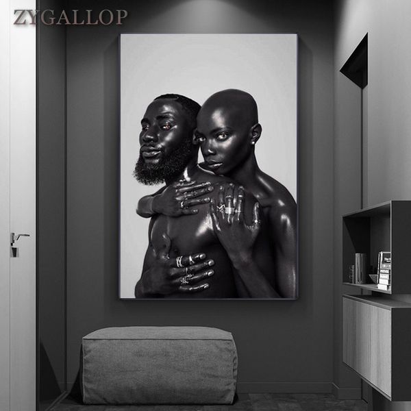 Casal Negro Nude Arte Poster Africano Mulher e Homem Pintura Da Lona De Lona Moderna Arte Da Parede Imprime Decoração da Sala de Visitas