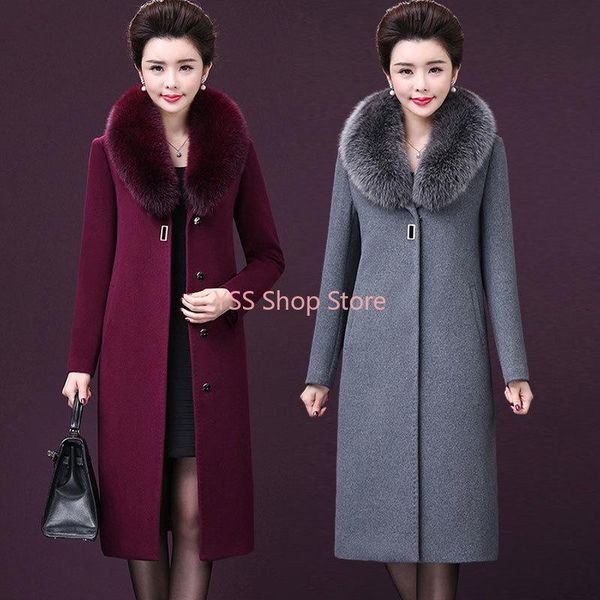 

women's wool & blends 2021 winter jacket women coat big fur collar casual female long vintage oversize outwear, Black