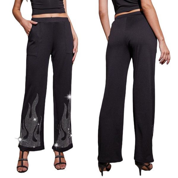 

women's pants & capris women wide-leg with pockets loose style black elastic high waist trousers rhinestone design, Black;white