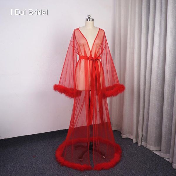 

wraps & jackets red feather sheer bridal robe tulle illusion long sleeve wedding birthday, White