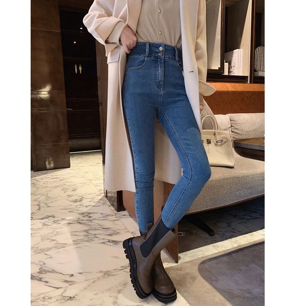 

korean style large black women high waist thin woman plus size denim pencil vaqueros mujer c9572, Blue